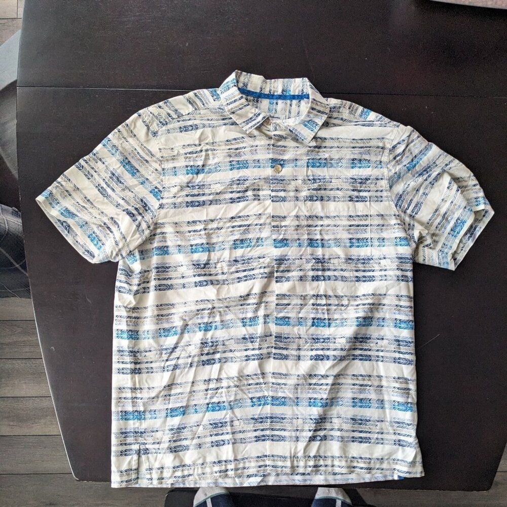 Tommy Bahama IslandZone Mens Large White Blue Chevron Stripe Short Sleeve Shirt
